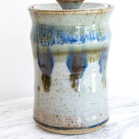 Ceramic Pottery Canister Jar with Lid with Blue Drip Glaze Detailing