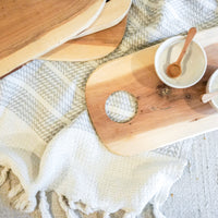 Moroccan Raw Olive Wood Tray / Charcuterie Board with White Moroccan Red Clay Bowl and Mini Olive Wood Spoon (Sets Sold Separately)