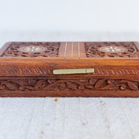 Teak Rose Wood Jewelry Trinket Box With Shell Inlay and Brass Handles Made in India