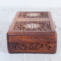 Teak Rose Wood Jewelry Trinket Box With Shell Inlay and Brass Handles Made in India