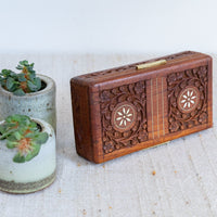 Teak Rose Wood Jewelry Trinket Box With Shell Inlay and Brass Handles Made in India