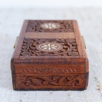 Teak Rose Wood Jewelry Trinket Box With Shell Inlay and Brass Handles Made in India