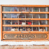 J&P Coats Cottons Sewing Wood Spool Cabinet with 5 Drawers, Weighted Glass Front Panels and Original Metal Hardware