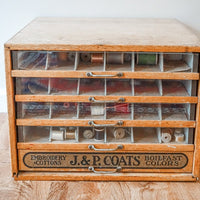 J&P Coats Cottons Sewing Wood Spool Cabinet with 5 Drawers, Weighted Glass Front Panels and Original Metal Hardware