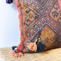 Kilim Pillow from Turkey with Glass Beads and Pom Poms
