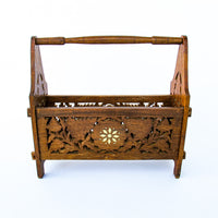 Hand Carved Teak or Rose Wood Magazine Rack with White Shell Inlay Design