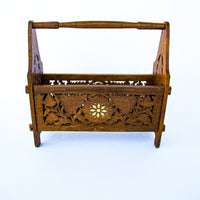 Hand Carved Teak or Rose Wood Magazine Rack with White Shell Inlay Design