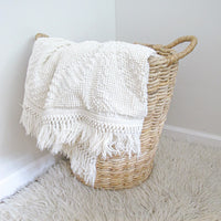 White Cotton Nubby Blanket with Fringe Detail