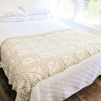 Vintage Knitted Crochet Ivory Throw Blanket - Full or Queen