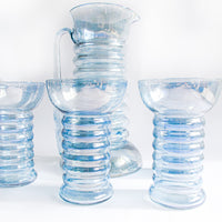 Modern Blue Glass Pitcher and Cup Set of Four