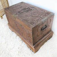 Antique Hand Carved Wood Dowry Trunk