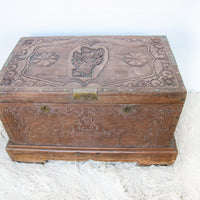 Antique Hand Carved Wood Dowry Trunk