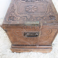 Antique Hand Carved Wood Dowry Trunk