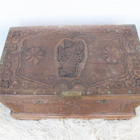 Antique Hand Carved Wood Dowry Trunk