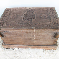 Antique Hand Carved Wood Dowry Trunk