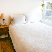 Pilgrim Pride Queen Size Nubby White Cotton Chenille Blanket Comforter Bedspread Throw with Fringe and Rounded Corners