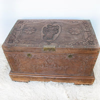 Antique Hand Carved Wood Dowry Trunk