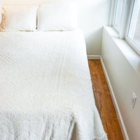 Pilgrim Pride Queen Size Nubby White Cotton Chenille Blanket Comforter Bedspread Throw with Fringe and Rounded Corners