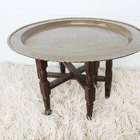 Brass Tray Top Spider Table with Folding Wood Base