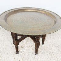Brass Tray Top Spider Table with Folding Wood Base