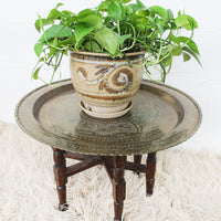 Brass Tray Top Spider Table with Folding Wood Base