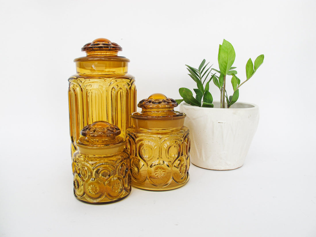 LE Smith Moon and Stars Amber Glass Kitchen Canister Set