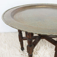 Brass Tray Top Spider Table with Folding Wood Base