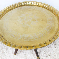 Brass Tray Top Spider Table with Wooden Base
