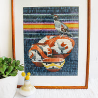 Desert Native Basket Woven Needle Point Embroidery Wall Tapestry with Wood and Glass Frame