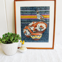 Desert Native Basket Woven Needle Point Embroidery Wall Tapestry with Wood and Glass Frame