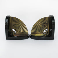 Brass Fan Bookends with Black Enameled Wood Bases