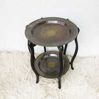 Brass Coffee End Table with Folding Wood Legs Two-Tiered