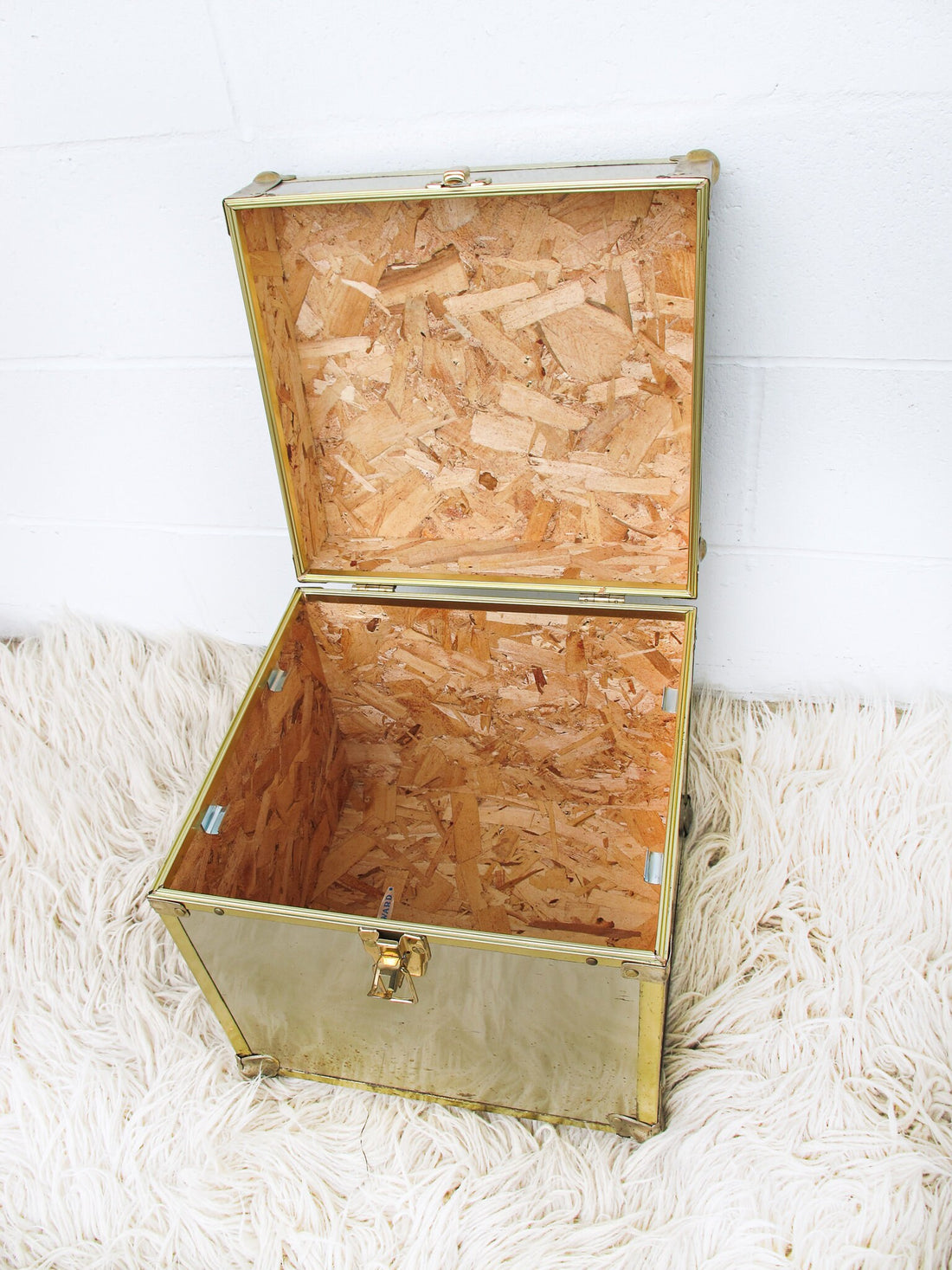 Metallic Chrome and Brass Sheet Metal Wood Trunks (Each Sold Separately)