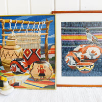 Desert Native Basket Woven Needle Point Embroidery Wall Tapestry with Wood and Glass Frame