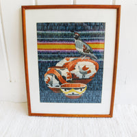 Desert Native Basket Woven Needle Point Embroidery Wall Tapestry with Wood and Glass Frame