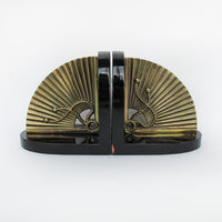 Brass Fan Bookends with Black Enameled Wood Bases