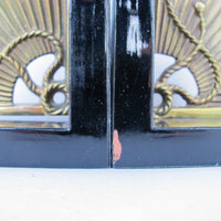 Brass Fan Bookends with Black Enameled Wood Bases
