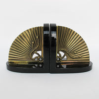 Brass Fan Bookends with Black Enameled Wood Bases