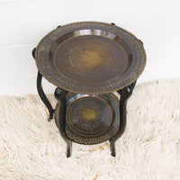Brass Coffee End Table with Folding Wood Legs Two-Tiered