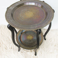Brass Coffee End Table with Folding Wood Legs Two-Tiered