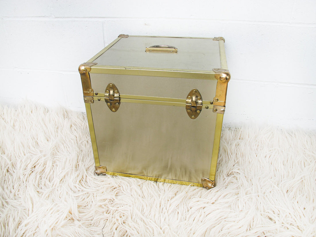Metallic Chrome and Brass Sheet Metal Wood Trunks (Each Sold Separately)