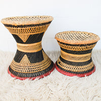 Wicker African Drum Stool with Red Leather Accents (1 Left)