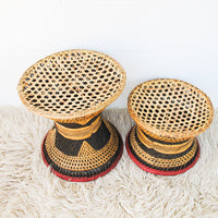 Wicker African Drum Stool with Red Leather Accents (1 Left)