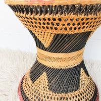 Wicker African Drum Stool with Red Leather Accents (1 Left)