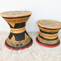 Wicker African Drum Stool with Red Leather Accents (1 Left)