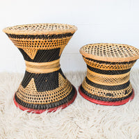 Wicker African Drum Stool with Red Leather Accents (1 Left)