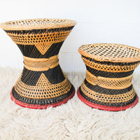 Wicker African Drum Stool with Red Leather Accents (1 Left)