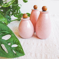 Set of Three Retro Atomic Speckled Pink Salt Pepper Sugar Spice Shakers