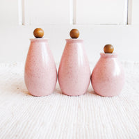 Set of Three Retro Atomic Speckled Pink Salt Pepper Sugar Spice Shakers