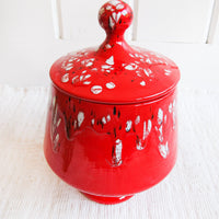 Volcano Cookie Jar With Lid Drip Glaze Red with Black and White Speckled Made in the USA